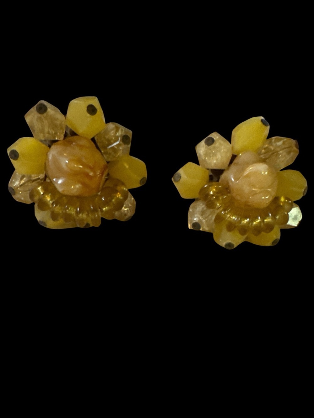 Vintage 1950s West Germany Yellow Beaded Cluster Clip-On Earrings